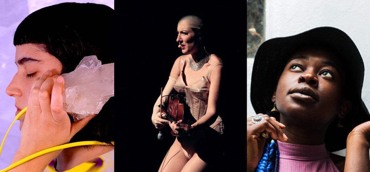 Images of Nicole L'Huillier holding a crystal to her ear, Julia Robert in a nude corset playing a violin at her waist, and AMET wearing a black hat and looking to the sky