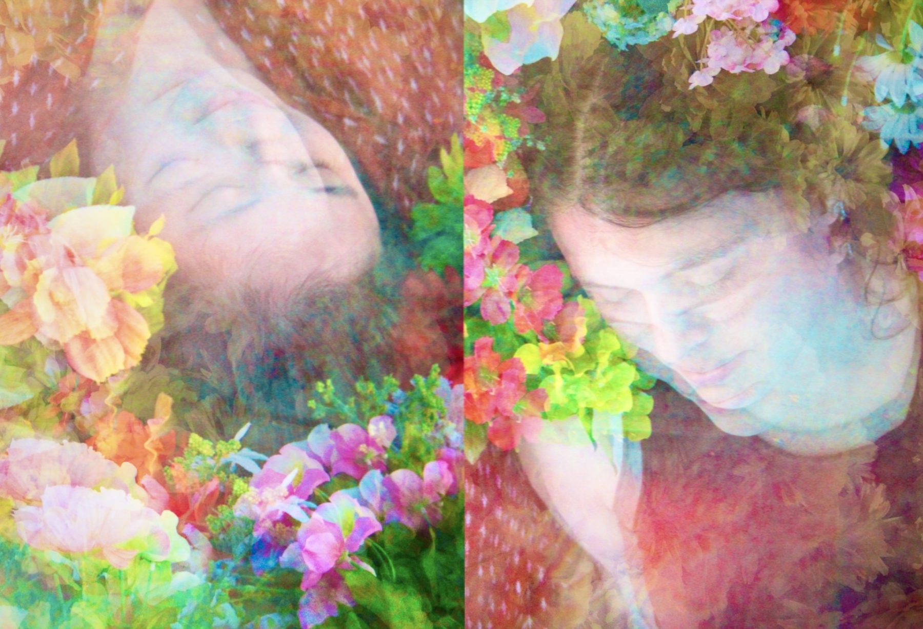 Aysha Dulong and Cindy Kao surrounded by flowers with a filter on the image
