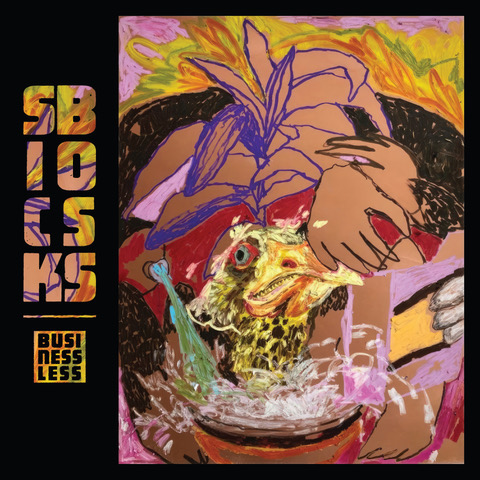Album cover for SICK BOSS's BUSINESSLIKE album - A hand drawn, colourful piece with purple corn and a chicken