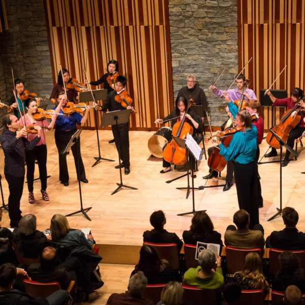 the Microcosmos Quartet and The Kessler Academy’s String Orchestra perform on stage in front of a live audience